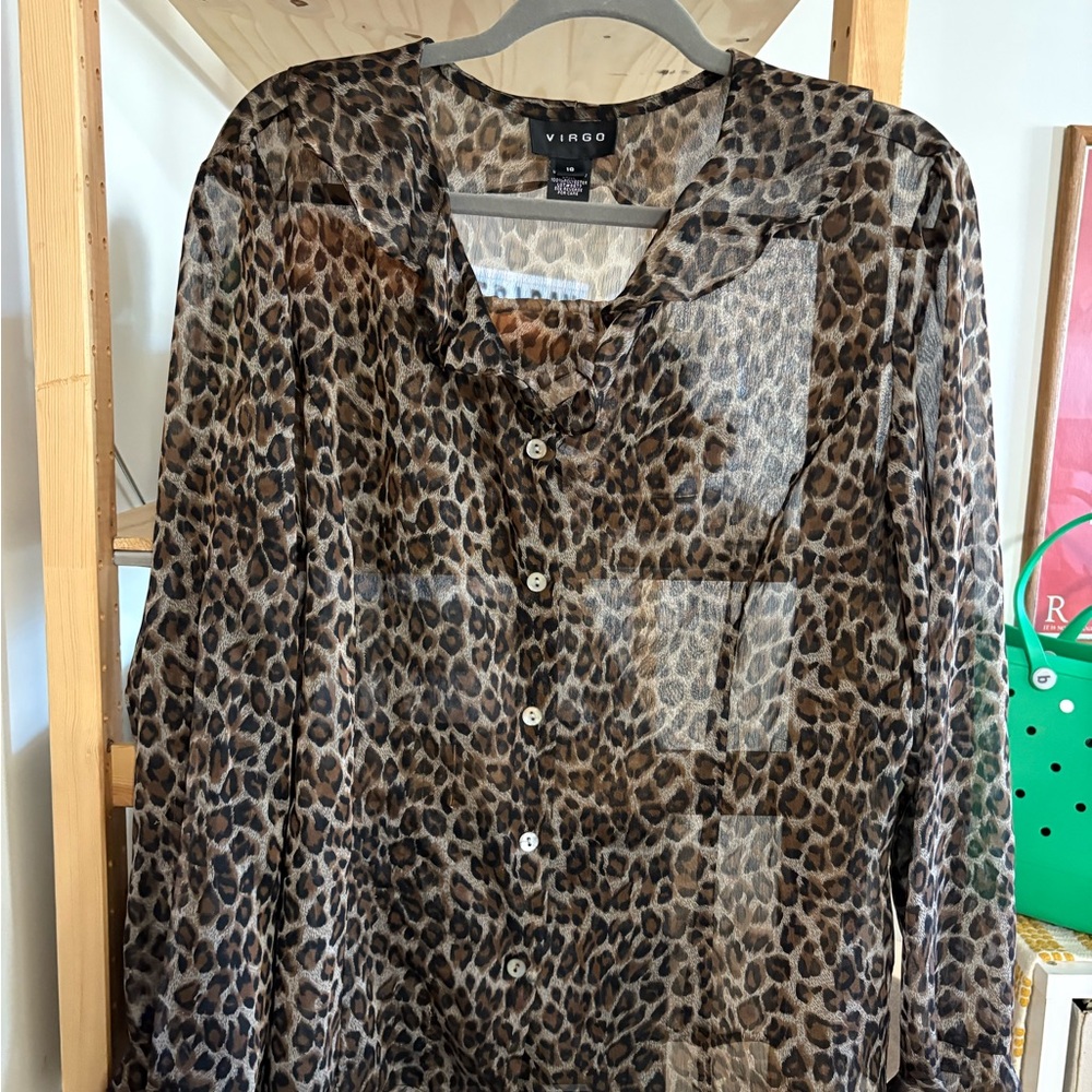 Virgo Leopard Print Button Down Sheer Blouse - image 1